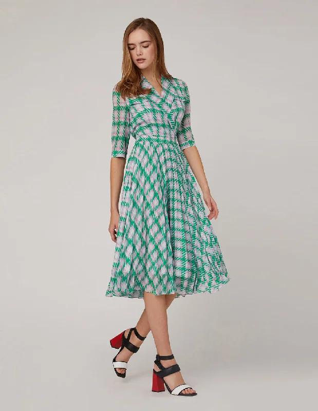 MARYLING Notch Lapel Check Pleated Dress