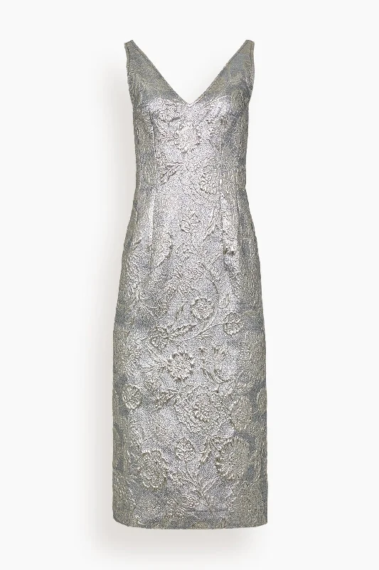 V-Neck Brocade Dress in Silver