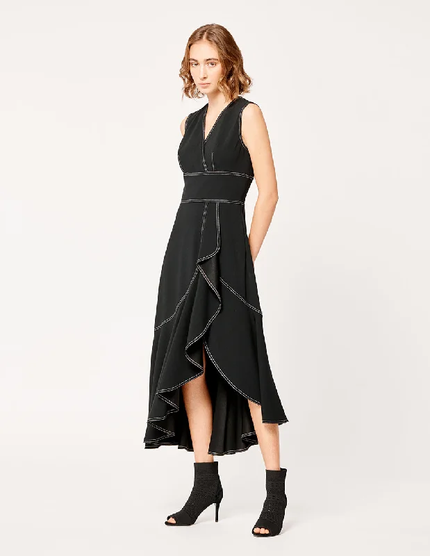 MARYLING V-NECK SLEEVELESS ASYMMETRICAL RUFFLE DRESS