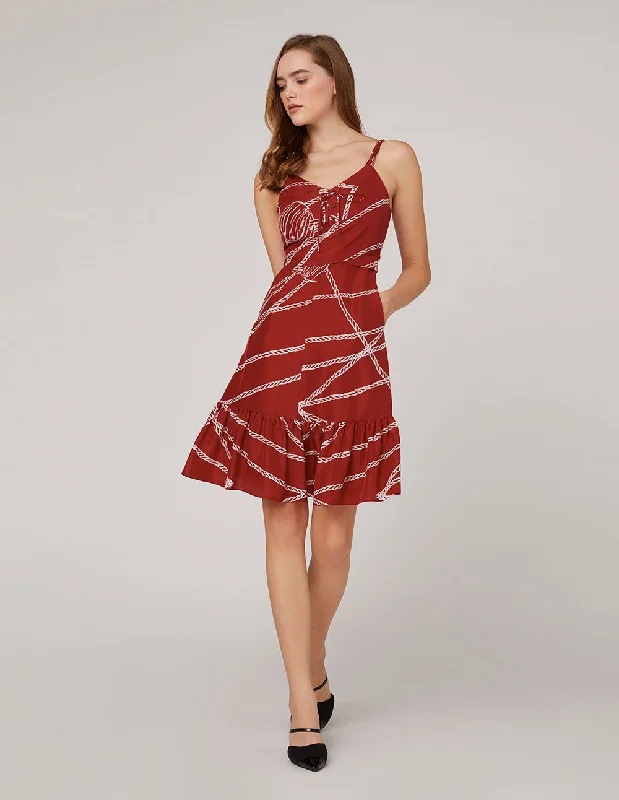 MARYLING Red white rope print woven belt dress