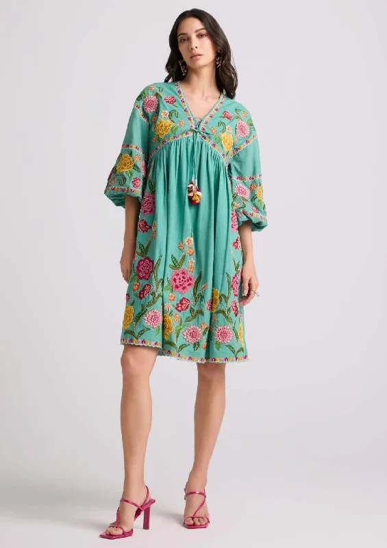Aqua embroidered gathered dress