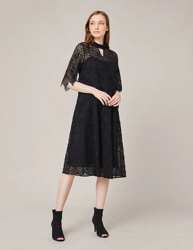 MARYLING HIGH COLLAR A-LINE LACE DRESS