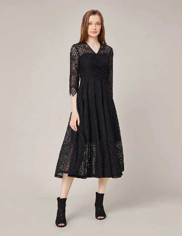 MARYLING V-COLLAR FLARED LACE DRESS