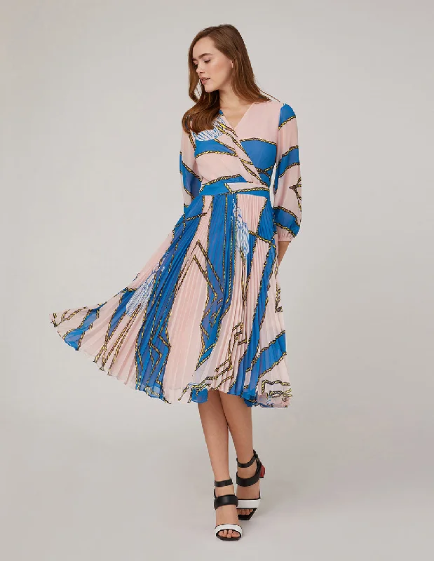 MARYLING V-NECK PUFF SLEEVE PLEATED DRESS