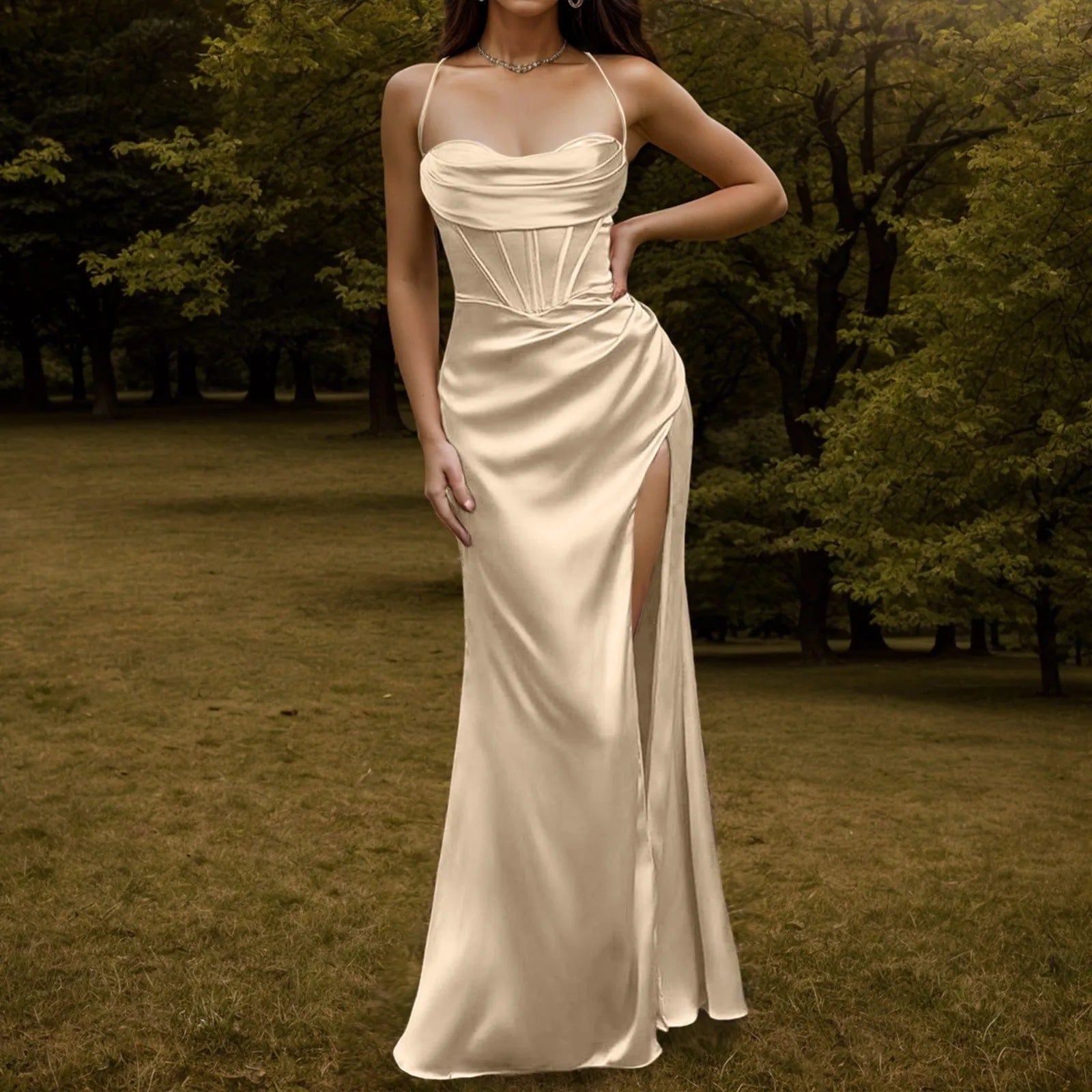 Elegant Spaghetti Strap Satin Corset Evening Dress