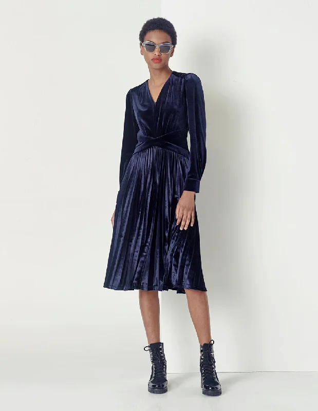 MARYLING Midnight Blue V-Neck Velvet Pleated Dress