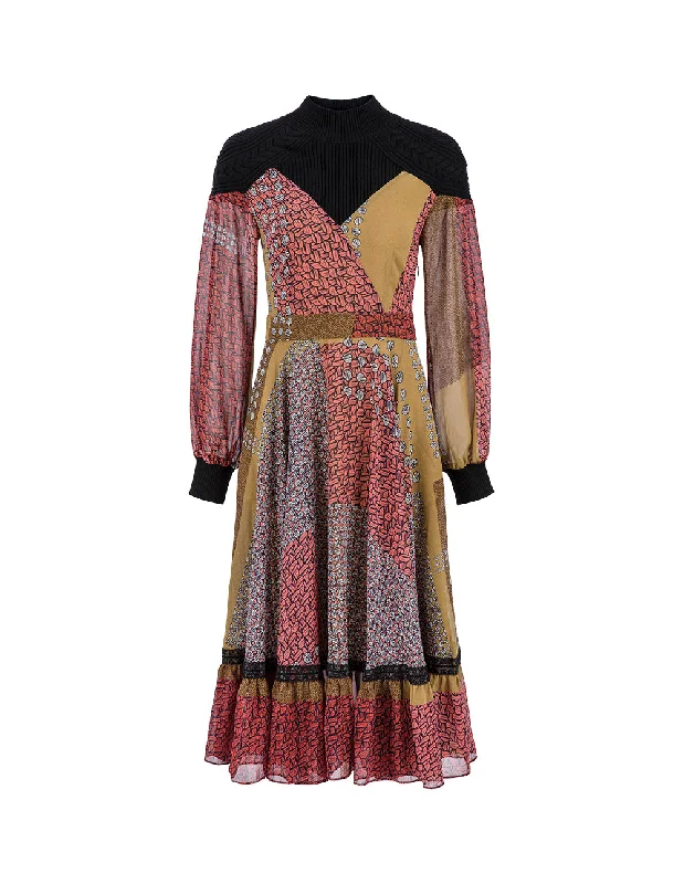MARYLING Yellow-pink dot pattern color block print turtleneck dress