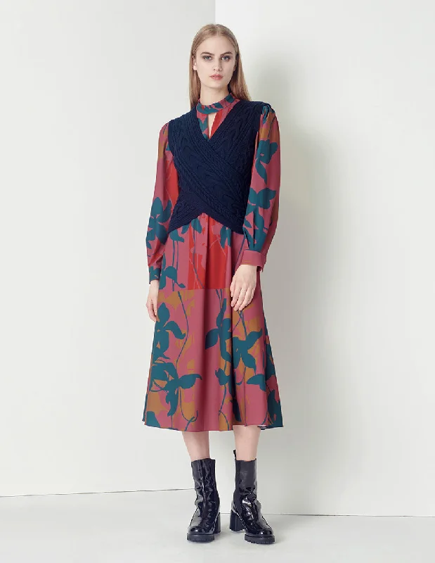 MARYLING Pink Floral Hollow V-Neck Print Dress