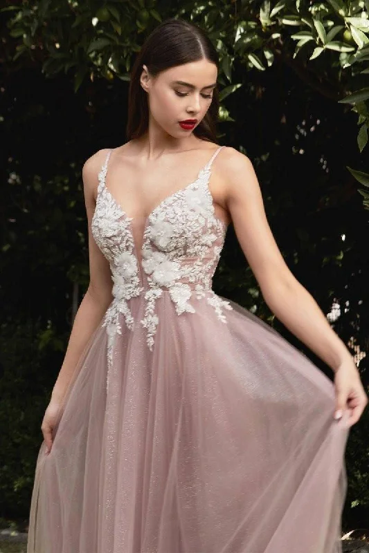 Floral A-Line Embroidered Lace Illusion V-Neck Long Prom Dress CDCB075