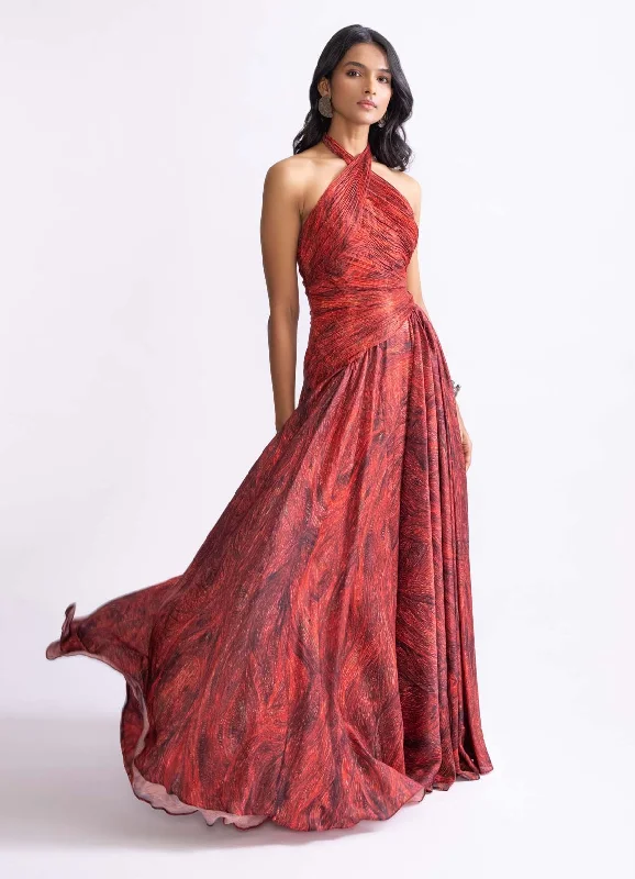 Clara red micro pleat dress