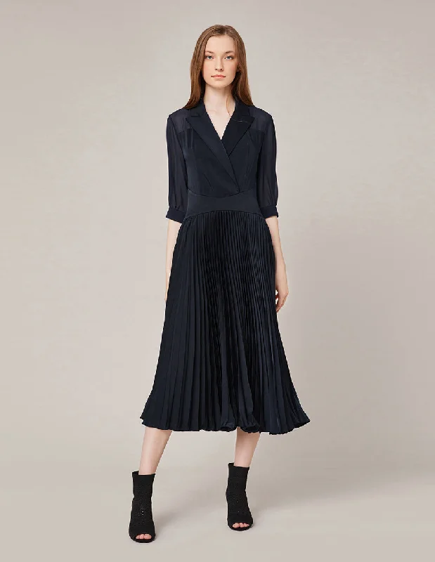 MARYLING Dark Blue Lapel Collar Pleatd Dress