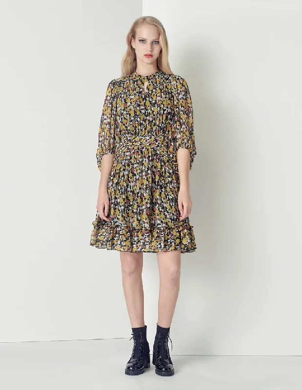 MARYLING SEMI-TURTLENECK PUFFED SLEEVES PRINT DRESS