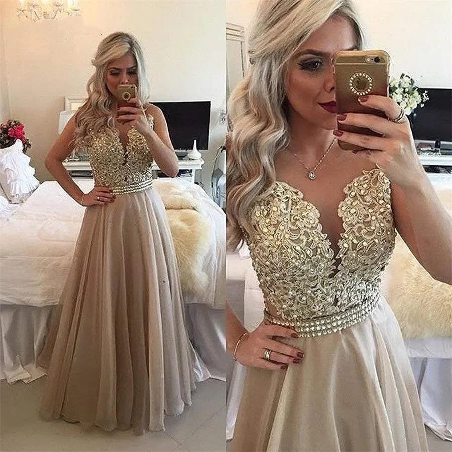 LZPOVE  New Chiffon Beaded Lace Applique Prom Dress Sheer Back Sleeveless Formal Gown O-Neck Floor Length Evening Dresses