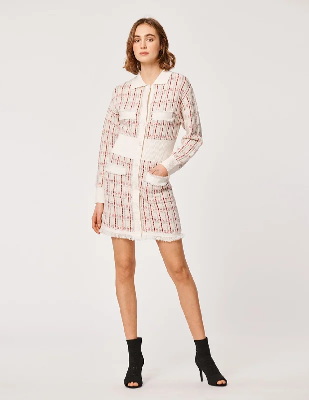 MARYLING Plaid Pattern Lapel Collar Tassel Long Sleeve Tweed Dress