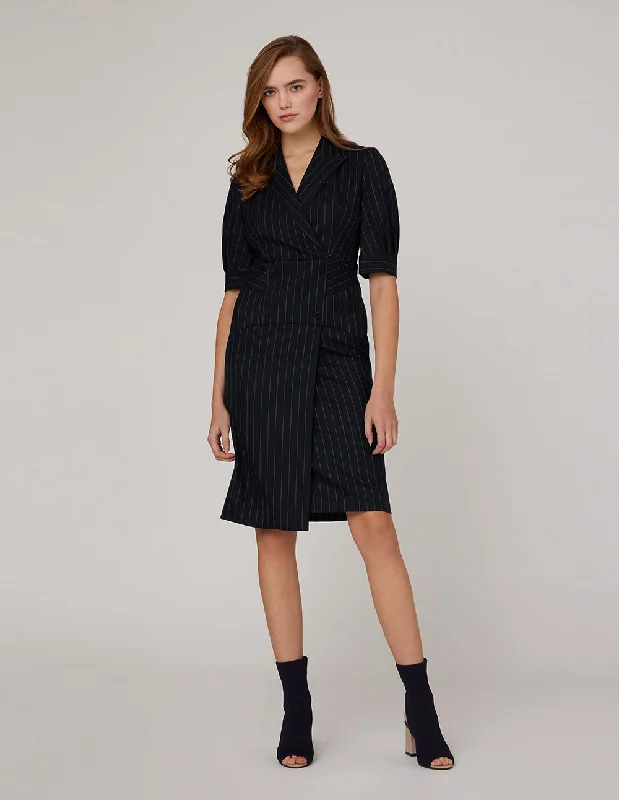 MARYLING PEAK LAPEL THREE-QUARTER SLEEVE STRIPE DRESS