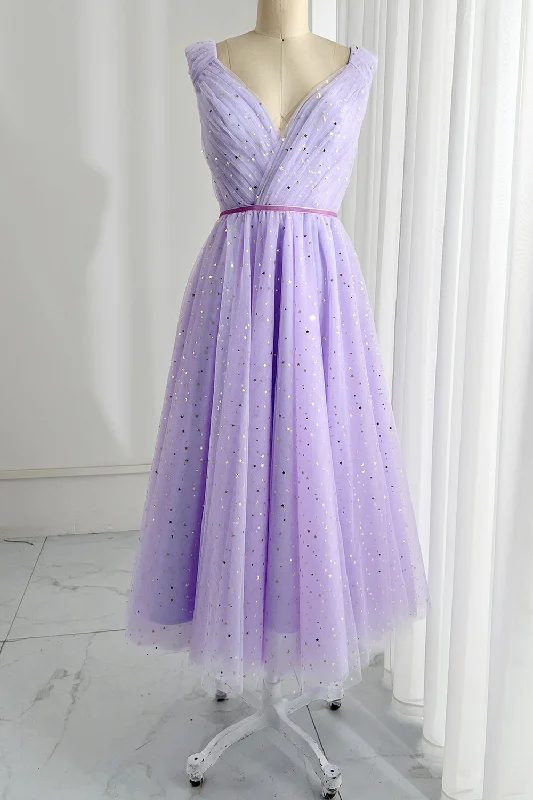 Lavender V Neck Sleeveless Midi Prom Dress Formal Evening Gown