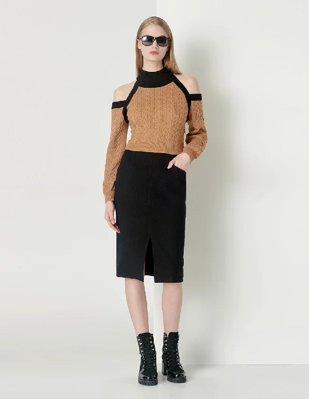 MARYLING Camel Off-The-Shoulder Contrast Knitted Wool Dress