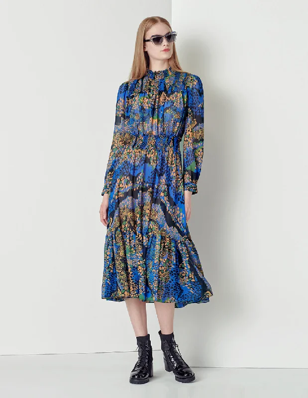 MARYLING Blue floral georgette pleated dress