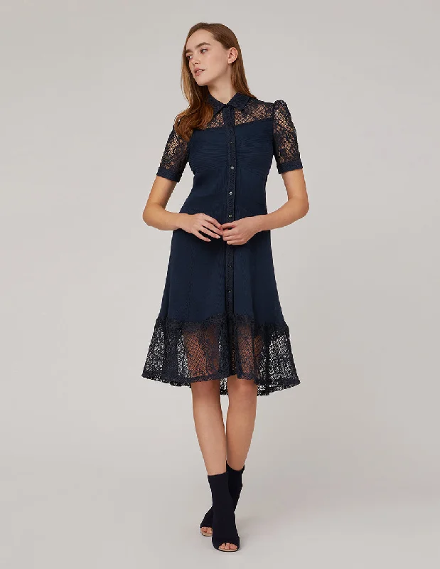 MARYLING MARYLING Lace shirt-collar stitching woolen dress