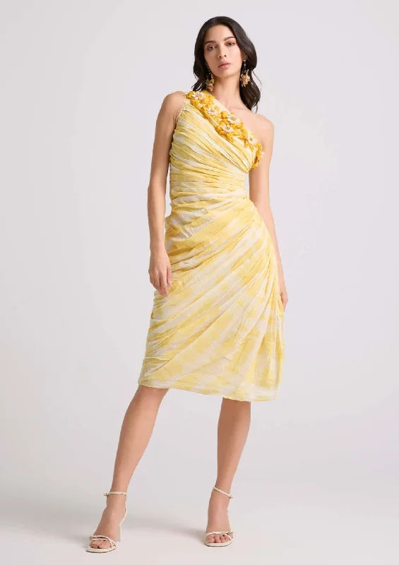 Yellow tie-dye asymmetrical ruched dress