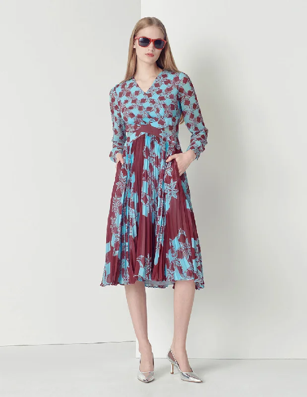 MARYLING V-Neck Criss-Cross Pleated Print Dress