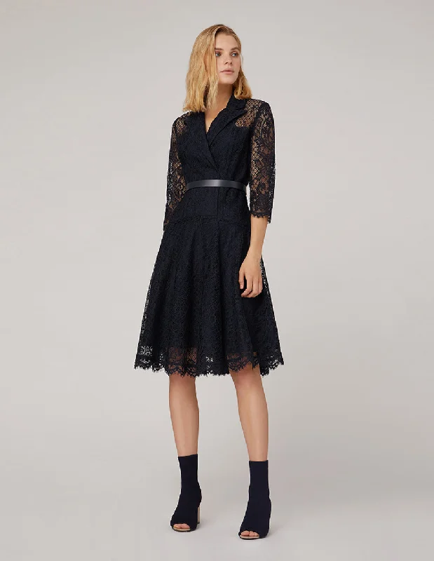 MARYLING PEAK-LAPEL MIDI LACE DRESS