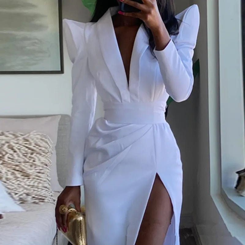 Long Puff Sleeve V Neck High Waist Slit Evening Graduation Dress
