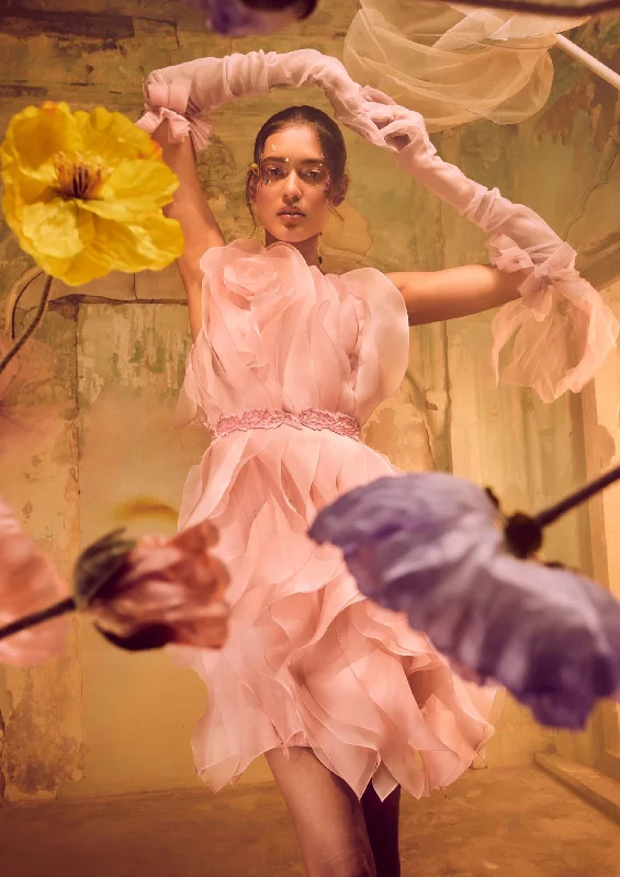 Rosette pink ruffle dress with belt