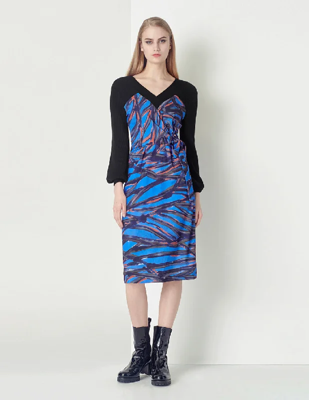 MARYLING Blue Elegant Print V-Neck Knit Dress