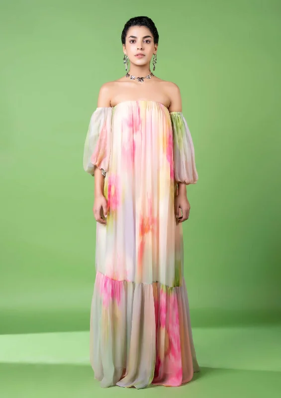 Drizzly floral off-shoulder tier dress