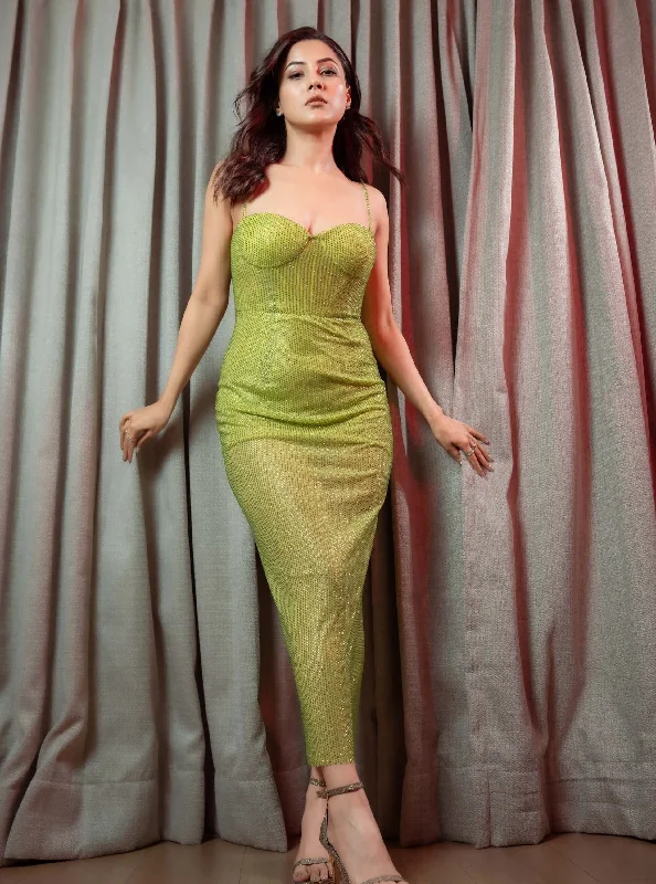 Neon green crystal embellished corset dress