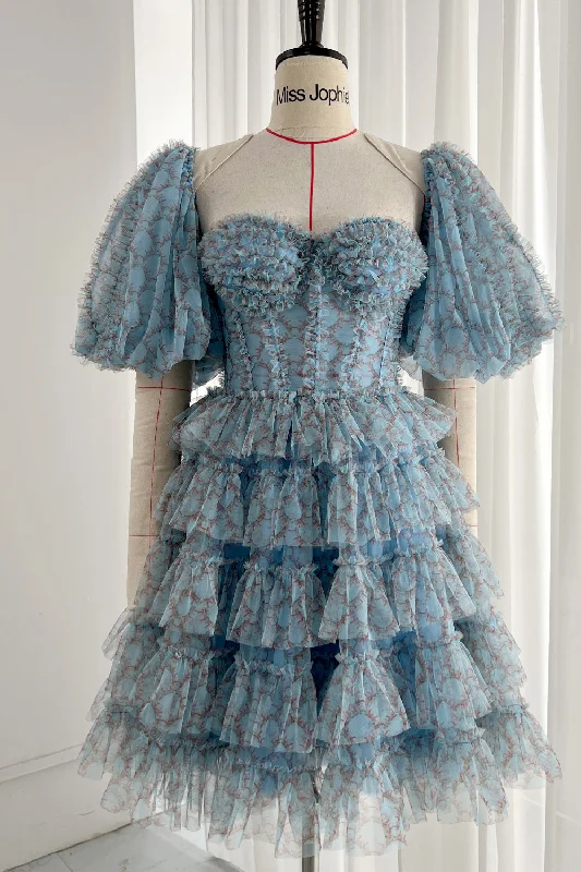 Stapless Tiered Print Floral Prom Dress with removable Puff Sleeves