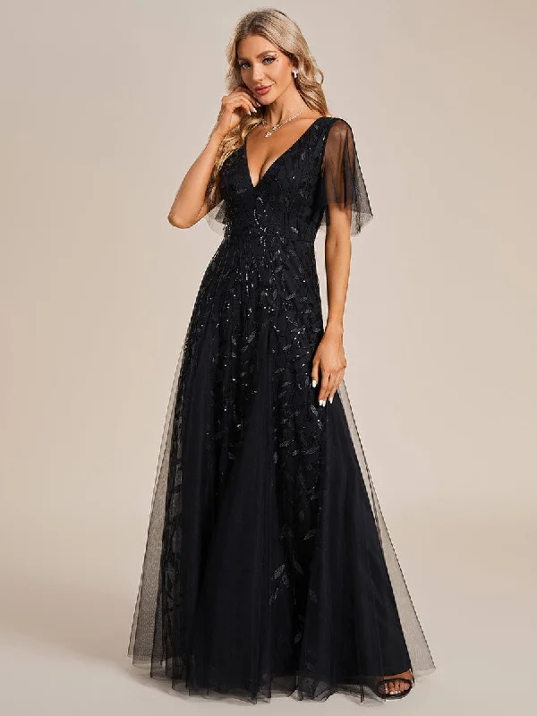 Sally black sleeved sequin and tulle evening dress Express NZ wide
