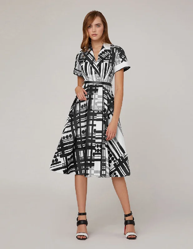 MARYLING Black white print deep v-neck dress