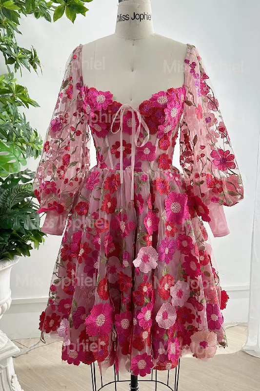 Corset Floral Embroidery Dress with Long Sleeves