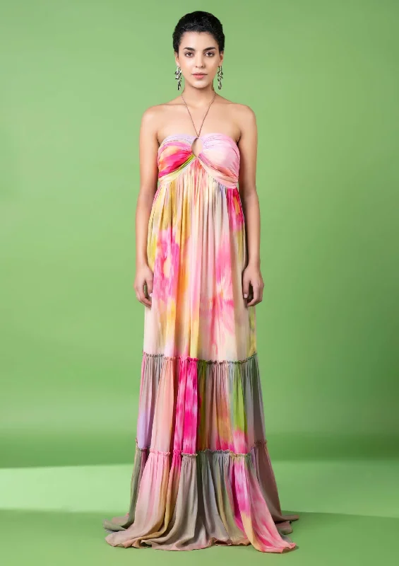 Drizzly floral rushed tier dress