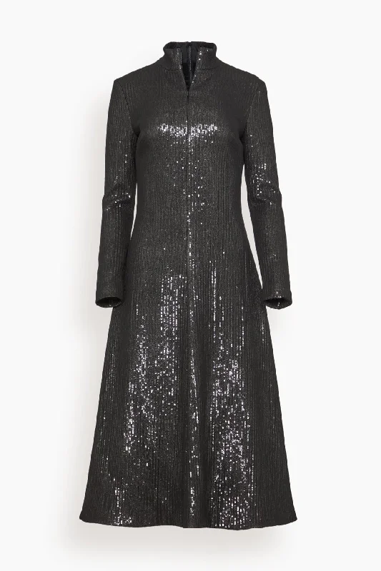 Sequined Zip Up Turtleneck Dress in Black