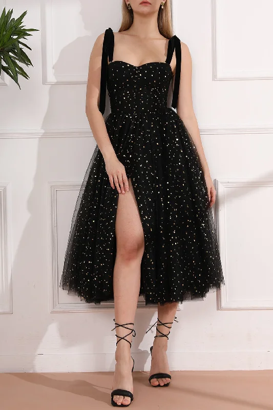 Lace Up Back Tulle Midi Prom Dress with Removable Straps