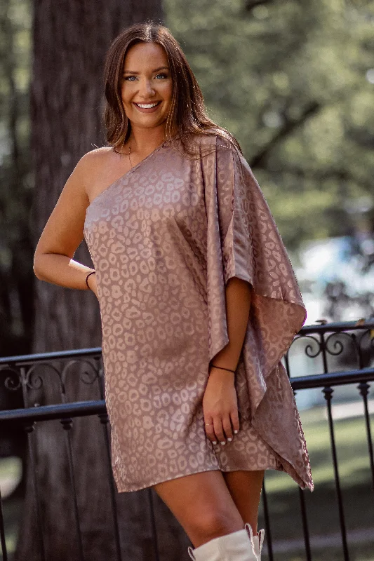 Cocoa Leopard Draped One Shoulder Satin Dress