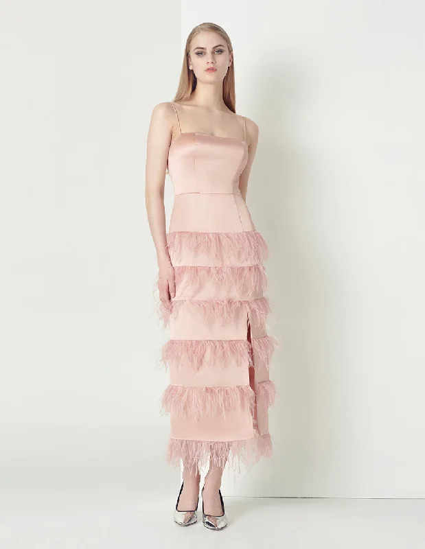 MARYLING Haze powder elegant and noble ostrich hair suspender dress