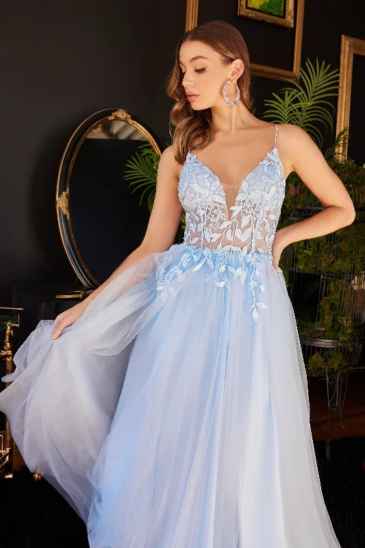 Layered Tulle A-Line Floral Vintage Sheer V-neck Spaghetti Strap Long Prom Dress CDCD2214