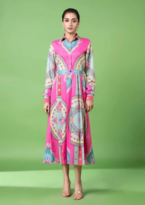 Blue pink pleated dress