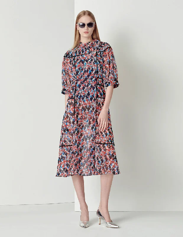 MARYLING MID SLEEVES NECKTIE PRINT DRESS