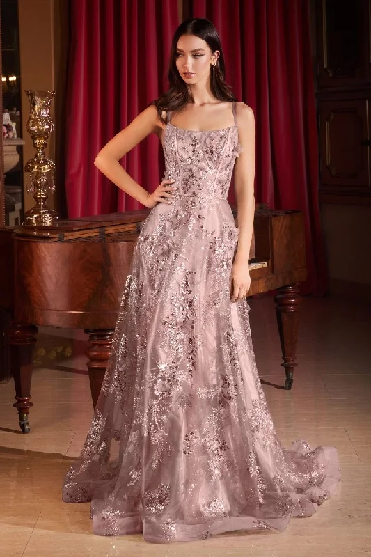 Sequin Floral Printed A-Line Straight Across Long Prom Dress CDCB144