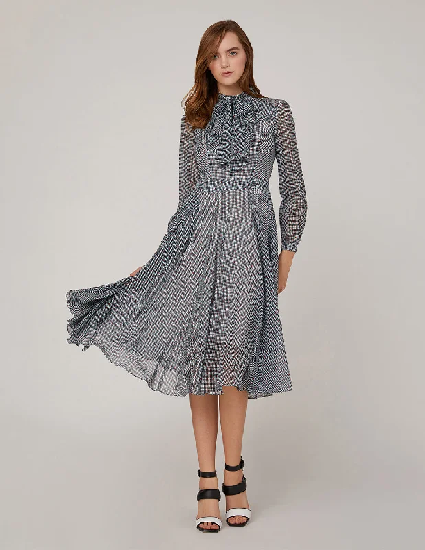 MARYLING RUFFLED GEORGETTE HOUNDSTOOTH CHECKED PRINT DRESS