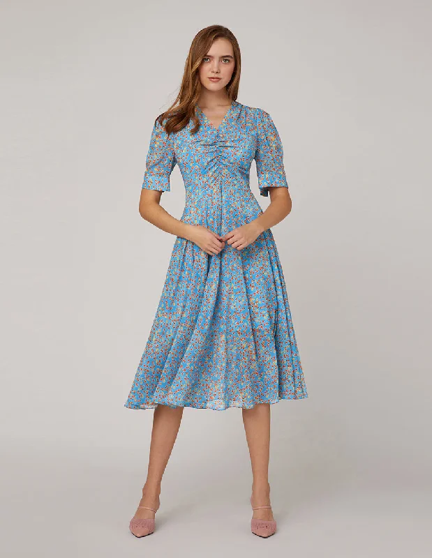 MARYLING Blue floral pattern V neck ruffle pleated puff sleeves dress