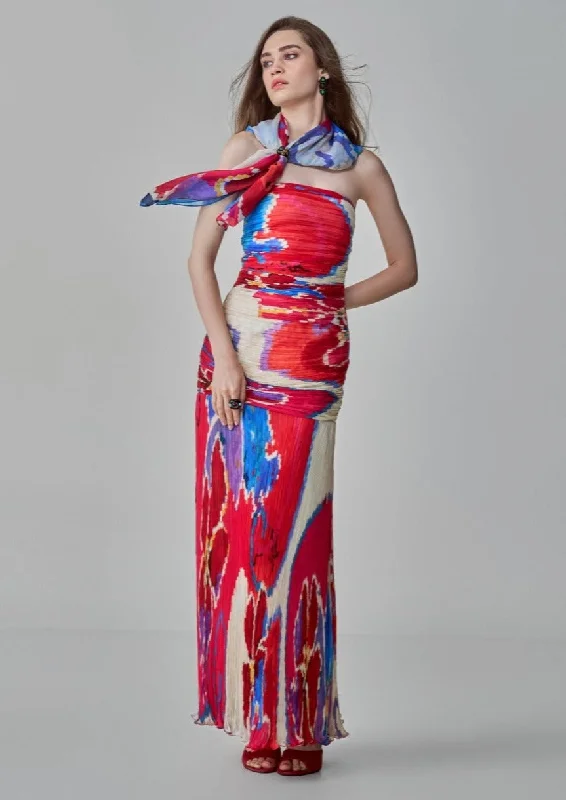 Jennifer pink red ikat pleated dress
