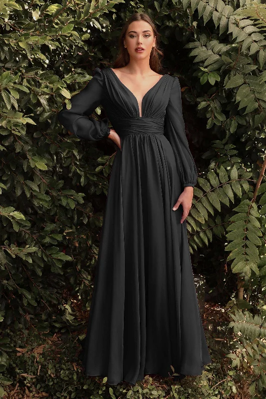 Long Sleeve Chiffon Gathered Fitted Bodice Open Back A-line Long Prom & Ball Dress