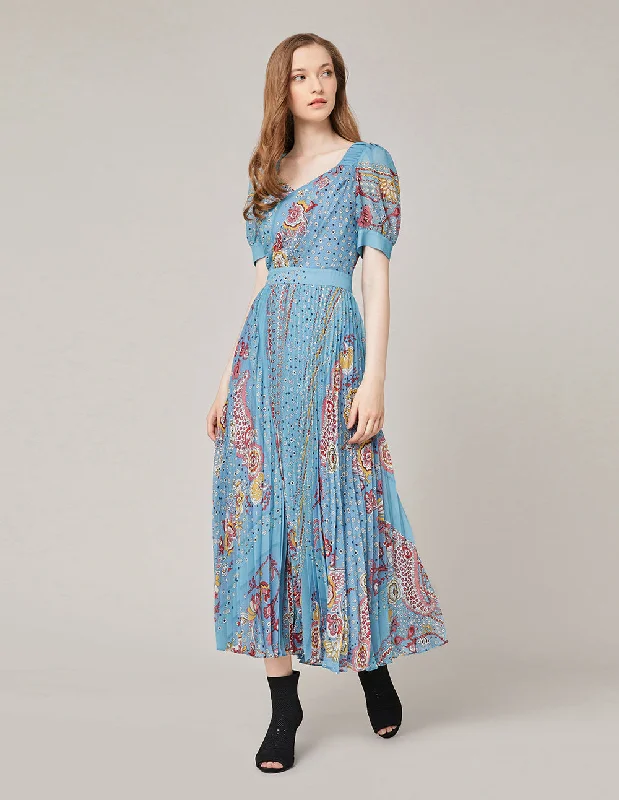MARYLING Georgette Print Short Sleeve Pleated Dress
