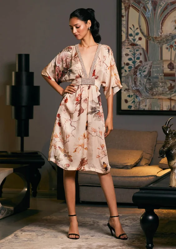 Goe satin printed belted kaftan dress